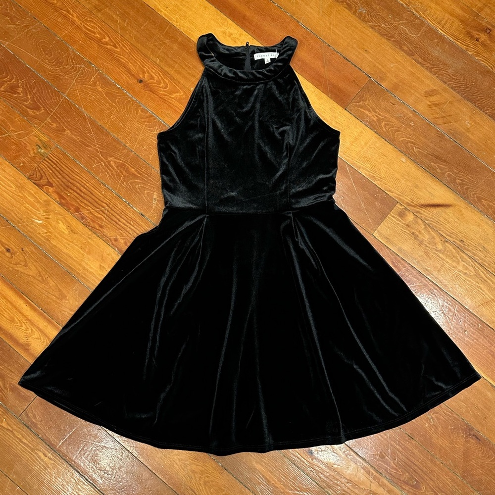 Black Velvet Halter fit and flare twirl skirt Dress by Copper Key with stretch - Picture 9 of 9